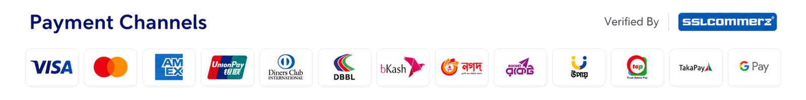 Payment channels — Visa, Mastercard, Amex, bKash, Nagad, Rocket and more, verified by SSLCommerz